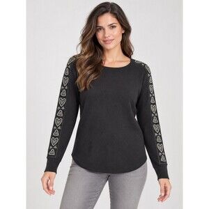 LIV Milano Women’s Black Rhinestone Heart Embellished Long-Sleeve Sweater...